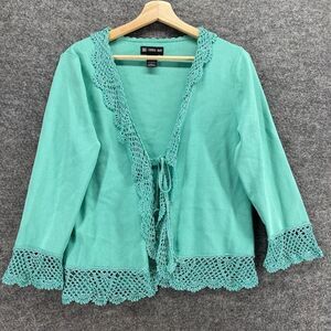 New DG Donna Gray Top Women L Large Green V-Neck Tie Up Long Sleeve Rayon Casual